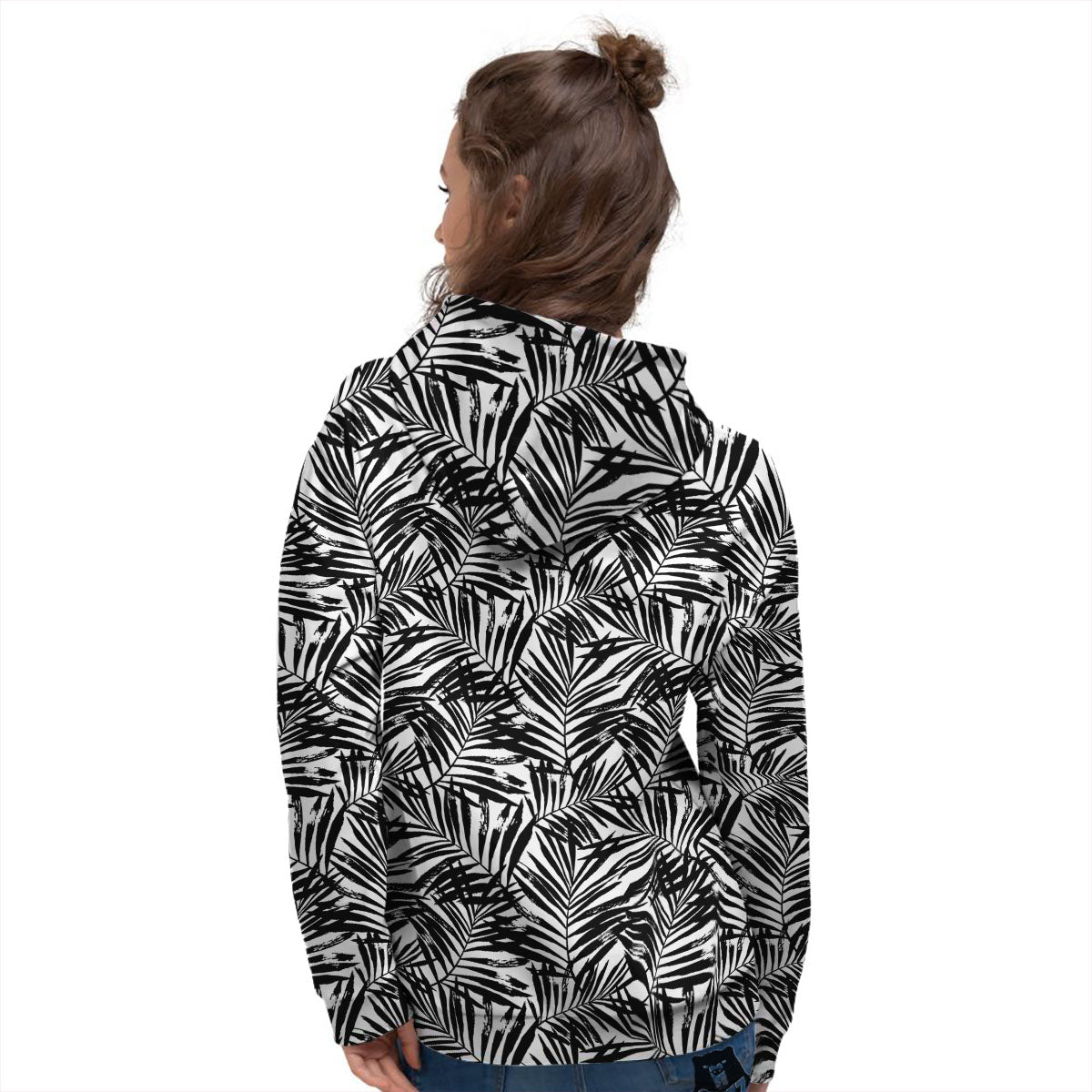 Tropical Palm Leaf White And Black Print Women's Hoodie-grizzshop