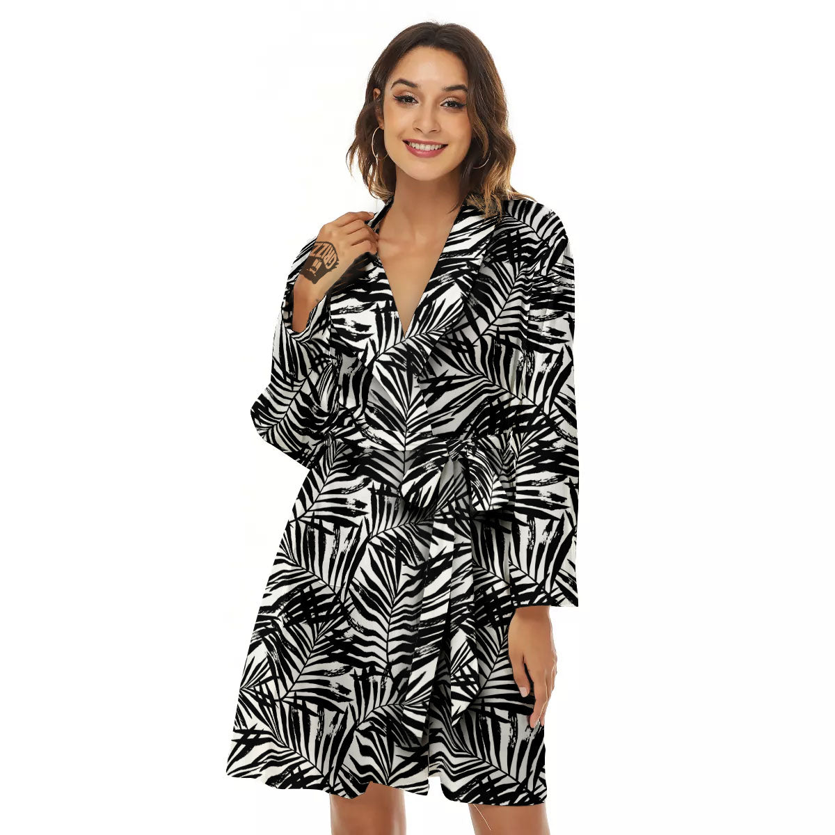Tropical Palm Leaf White And Black Print Women's Robe-grizzshop