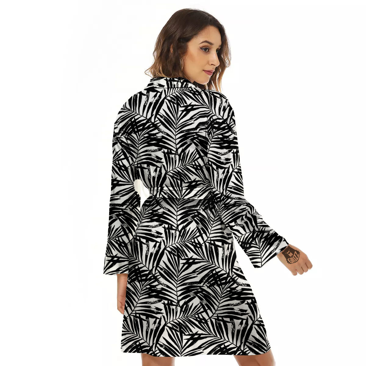 Tropical Palm Leaf White And Black Print Women's Robe-grizzshop