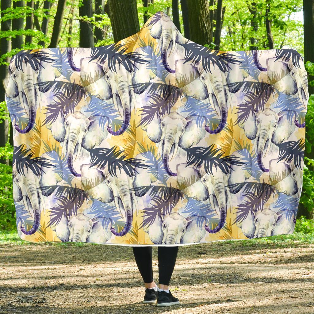 Tropical Palm Leave Elephant Print Hooded Blanket-grizzshop