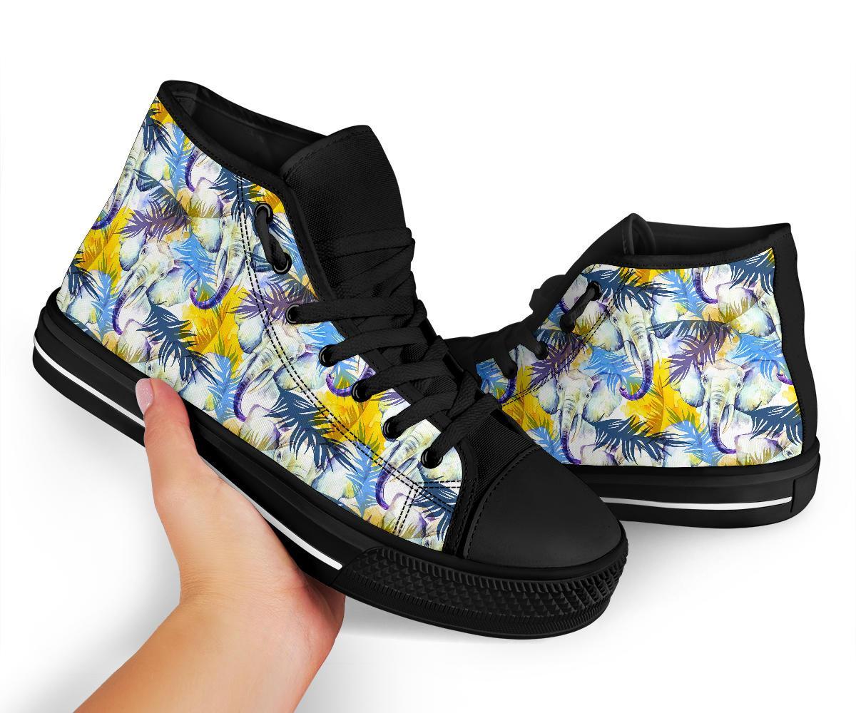 Tropical Palm Leave Elephant Print Men Women's High Top Shoes-grizzshop