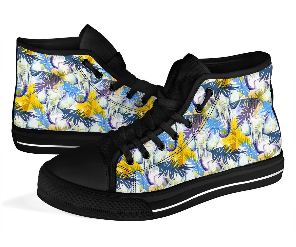Tropical Palm Leave Elephant Print Men Women's High Top Shoes-grizzshop