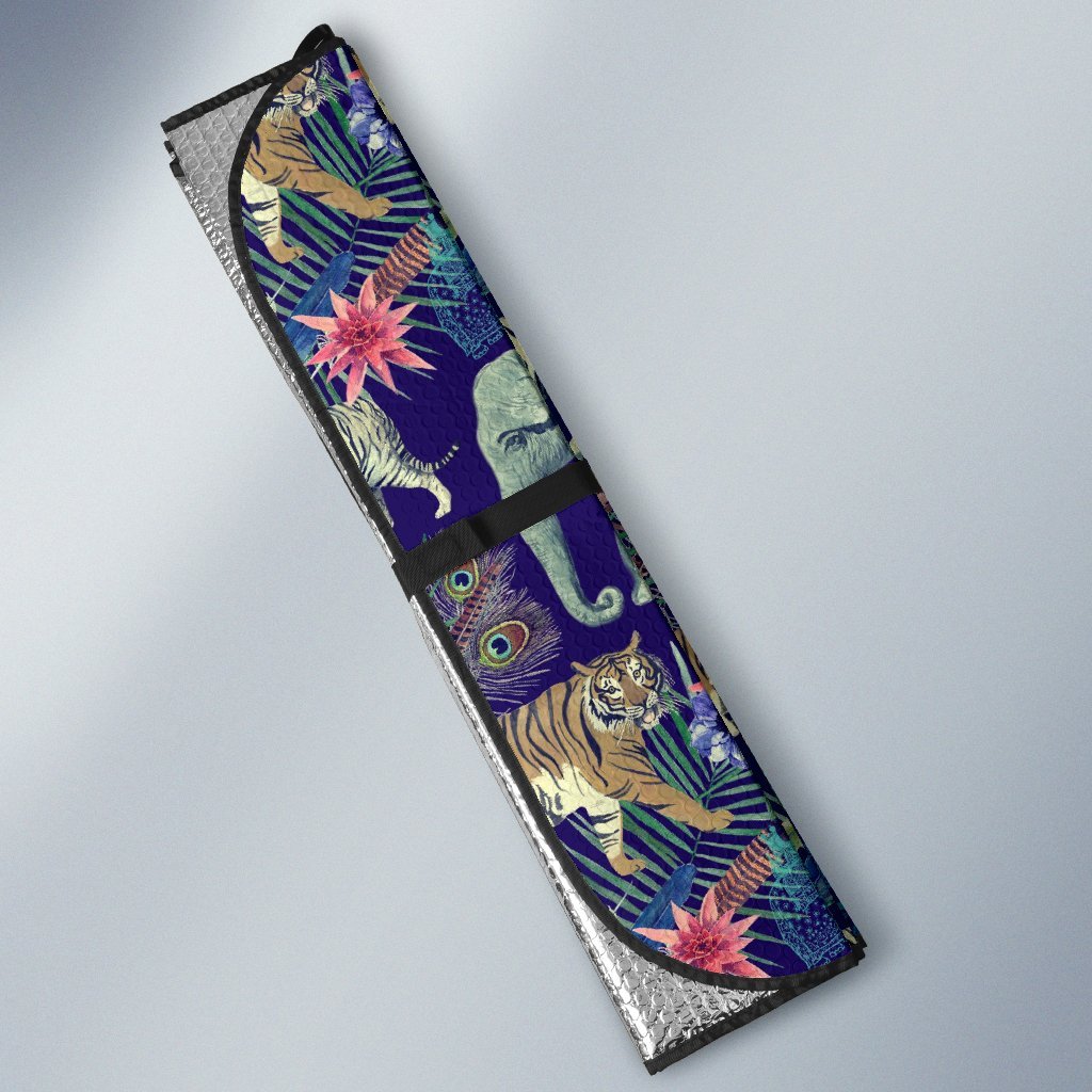 Tropical Palm Leave Peacock Tiger Elephant Car Sun Shade-grizzshop