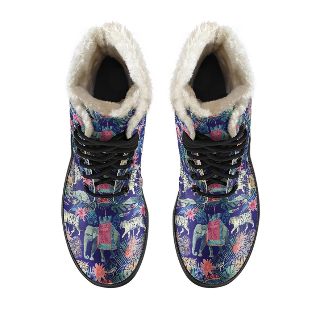 Tropical Palm Leave Peacock Tiger Elephant Comfy Winter Boots-grizzshop