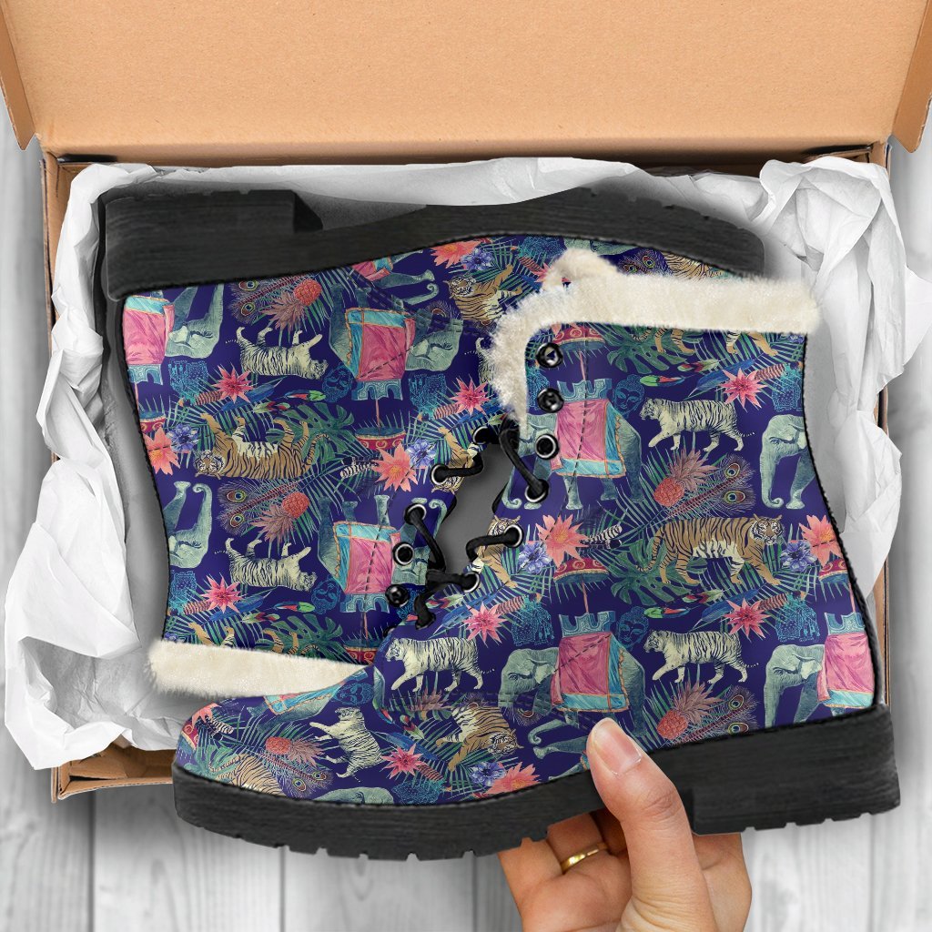 Tropical Palm Leave Peacock Tiger Elephant Comfy Winter Boots-grizzshop