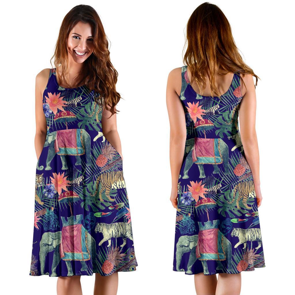 Tropical Palm Leave Peacock Tiger Elephant Dress-grizzshop