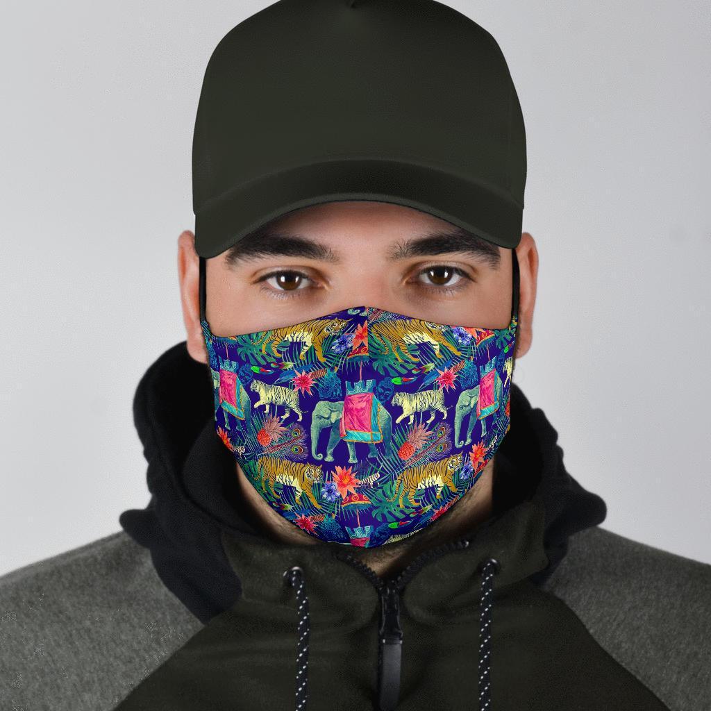 Tropical Palm Leave Peacock Tiger Elephant Face Mask-grizzshop