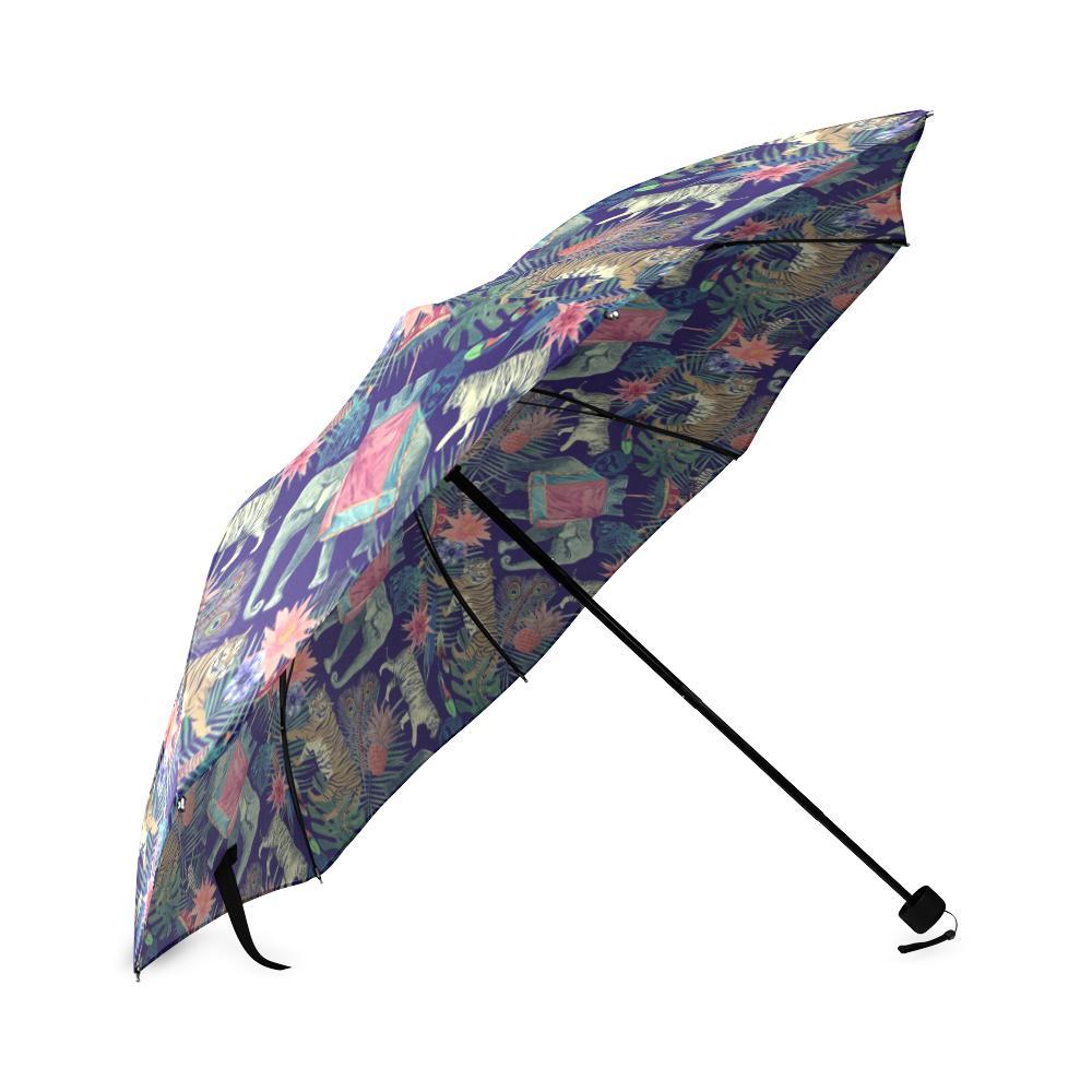 Tropical Palm Leave Peacock Tiger Elephant Foldable Umbrella-grizzshop