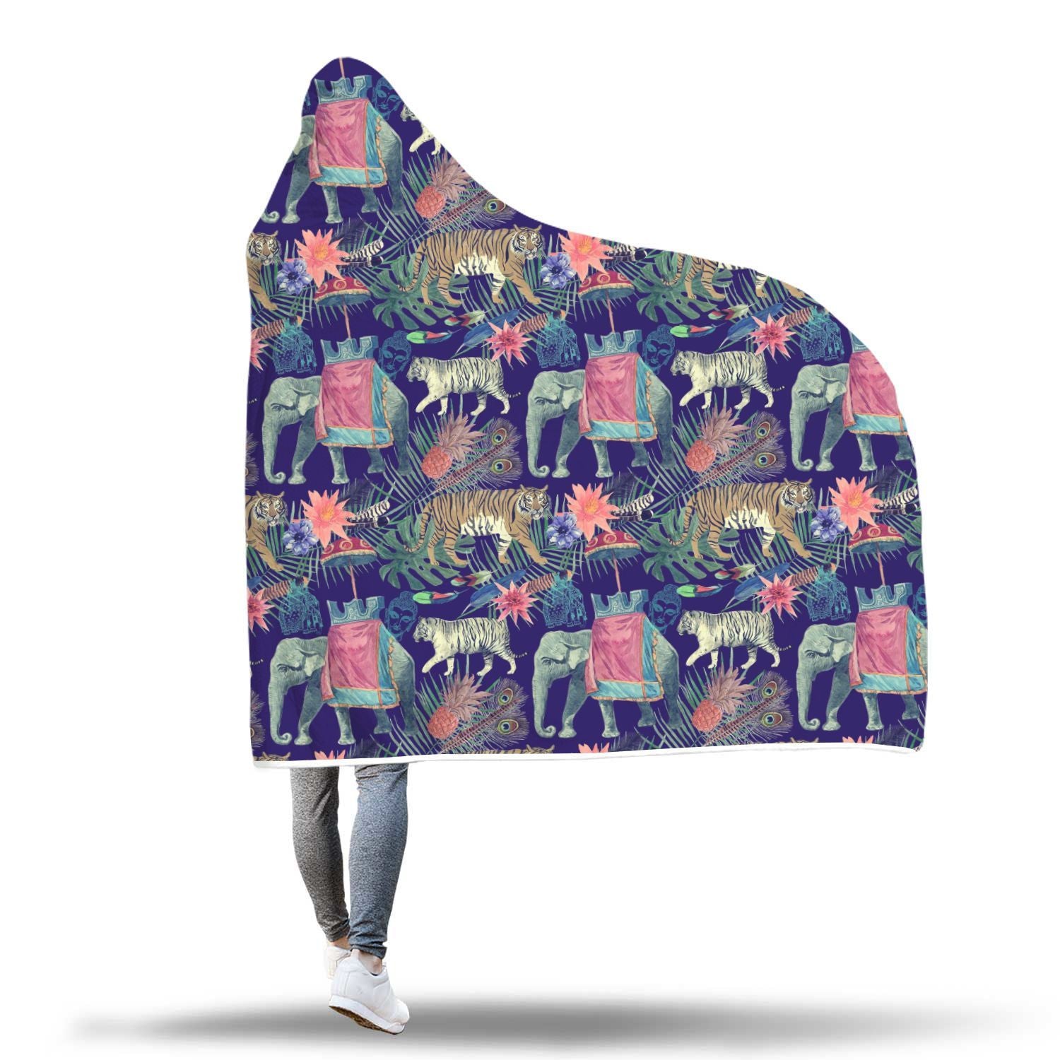 Tropical Palm Leave Peacock Tiger Elephant Hooded Blanket-grizzshop