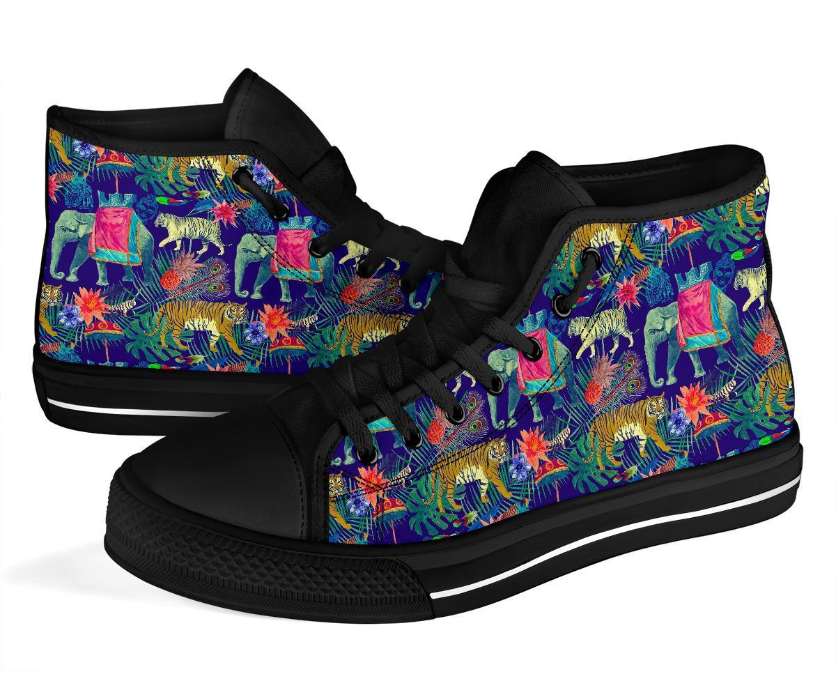 Tropical Palm Leave Peacock Tiger Elephant Men Women's High Top Shoes-grizzshop