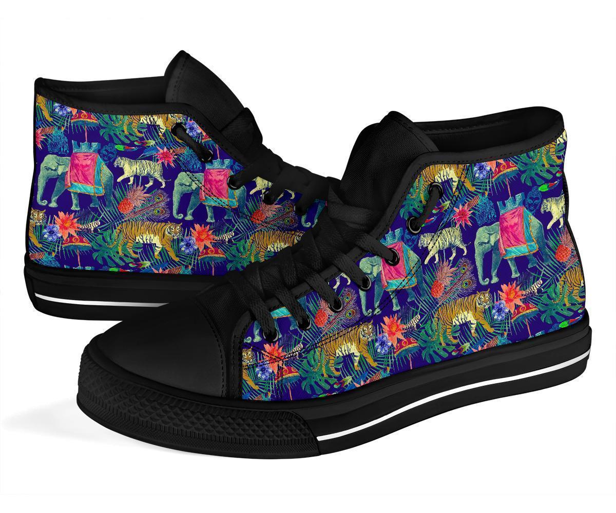 Tropical Palm Leave Peacock Tiger Elephant Men Women's High Top Shoes-grizzshop