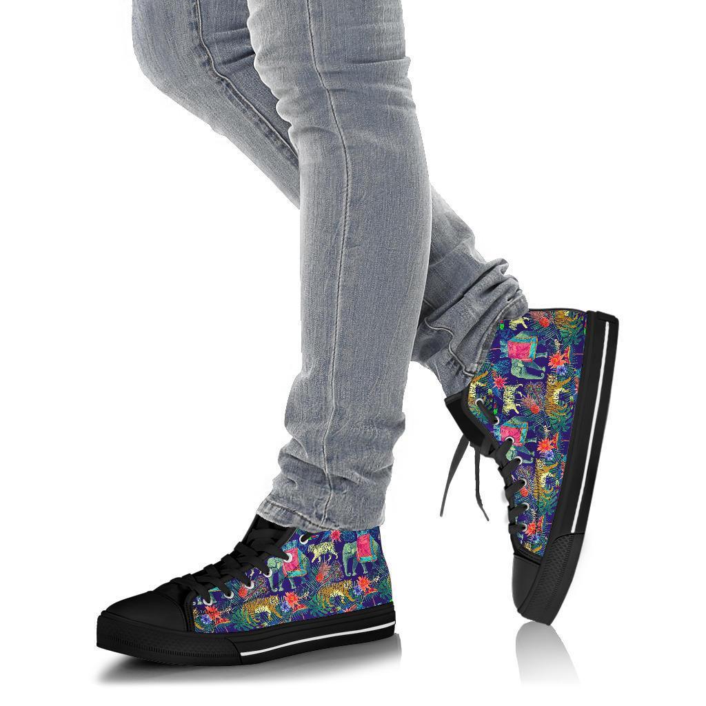 Tropical Palm Leave Peacock Tiger Elephant Men Women's High Top Shoes-grizzshop