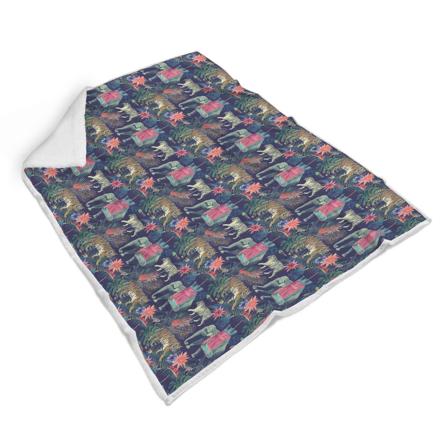 Tropical Palm Leave Peacock Tiger Elephant Throw Blanket-grizzshop