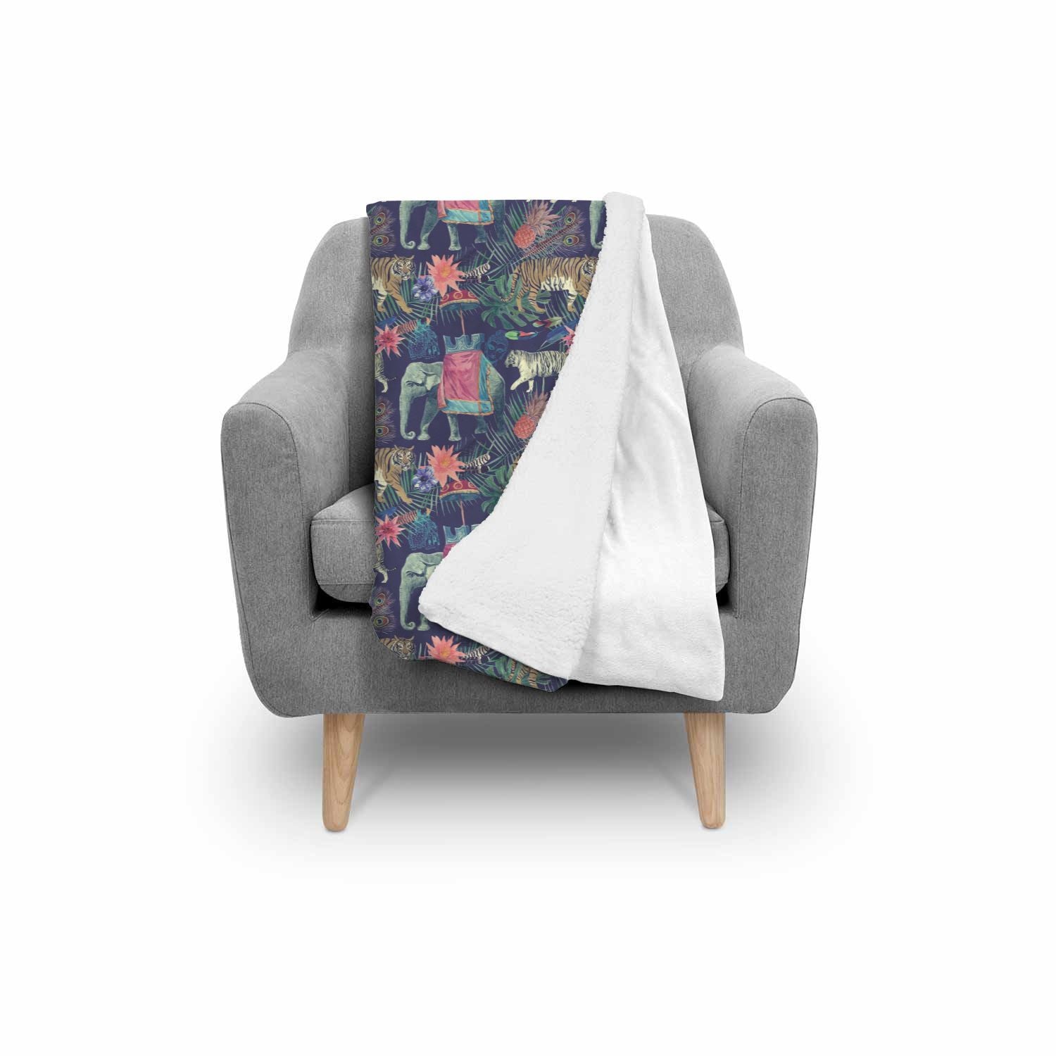Tropical Palm Leave Peacock Tiger Elephant Throw Blanket-grizzshop