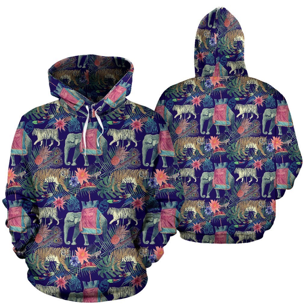 Tropical Palm Leave Peacock Tiger Elephant Women Men Pullover Hoodie-grizzshop