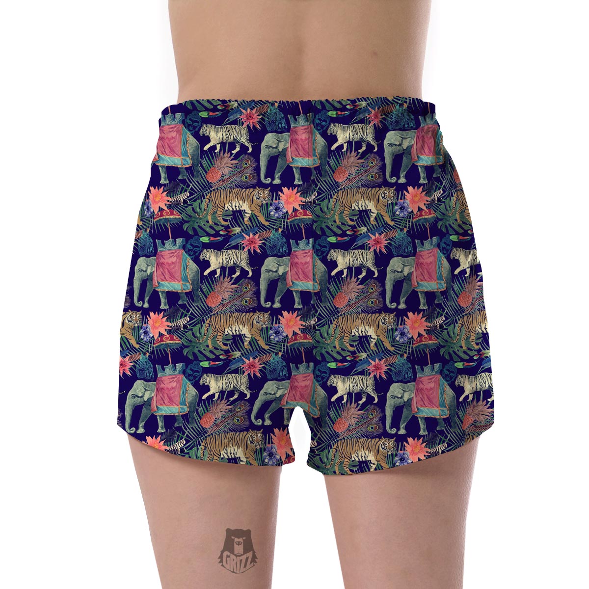 Tropical Palm Leave Peacock Tiger Elephant Women's Shorts-grizzshop