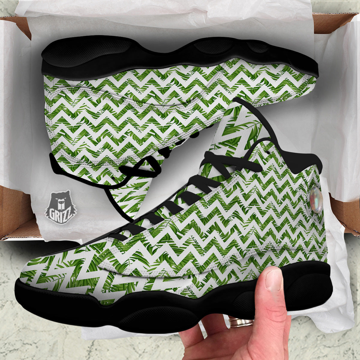 Tropical Palm Leaves Tropical Zigzag Print Pattern Black Basketball Shoes-grizzshop