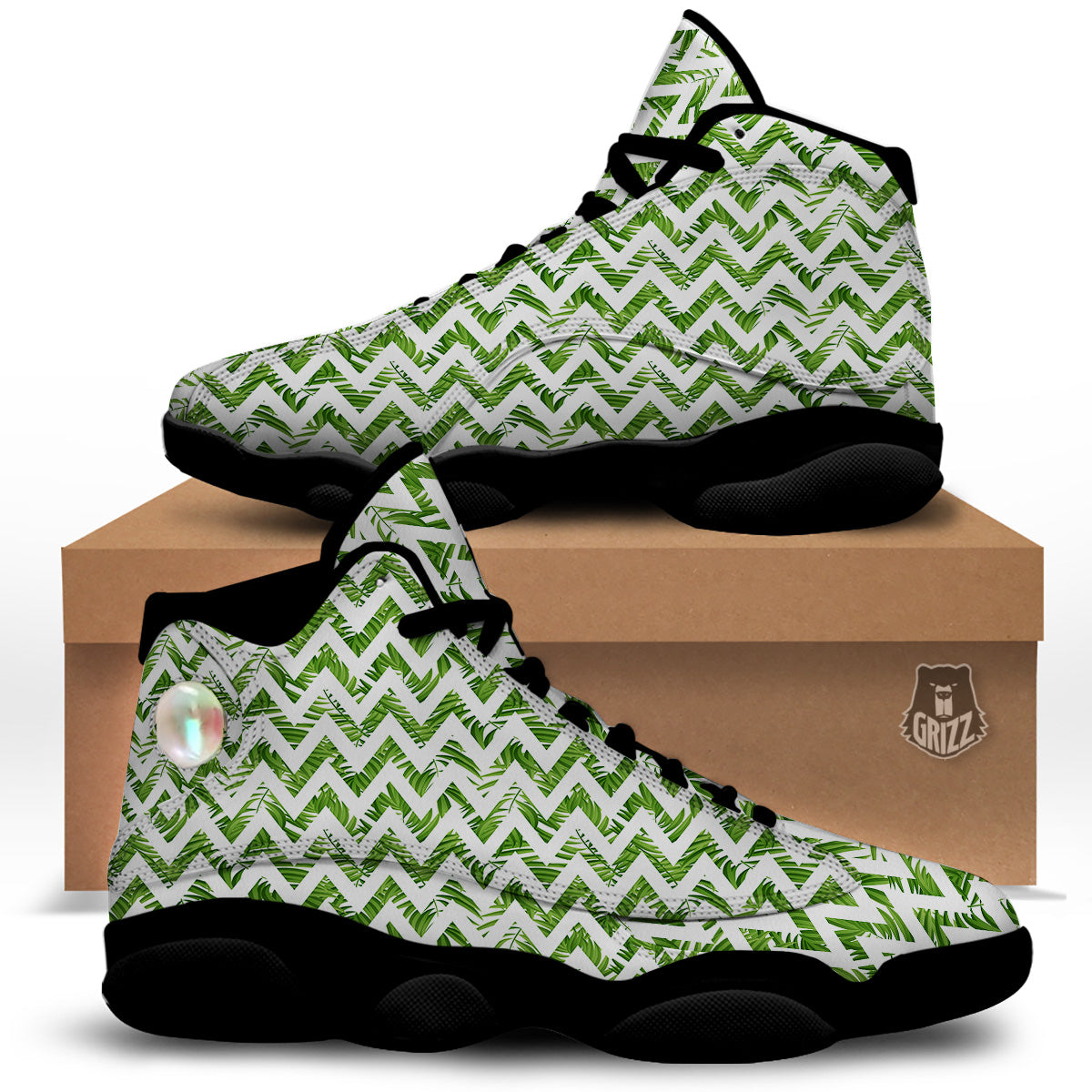 Tropical Palm Leaves Tropical Zigzag Print Pattern Black Basketball Shoes-grizzshop