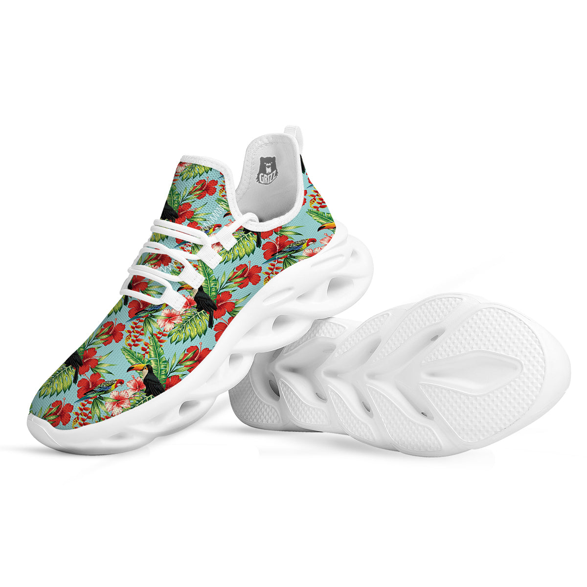 Tropical Parrot Toucan Print Pattern White Running Shoes-grizzshop