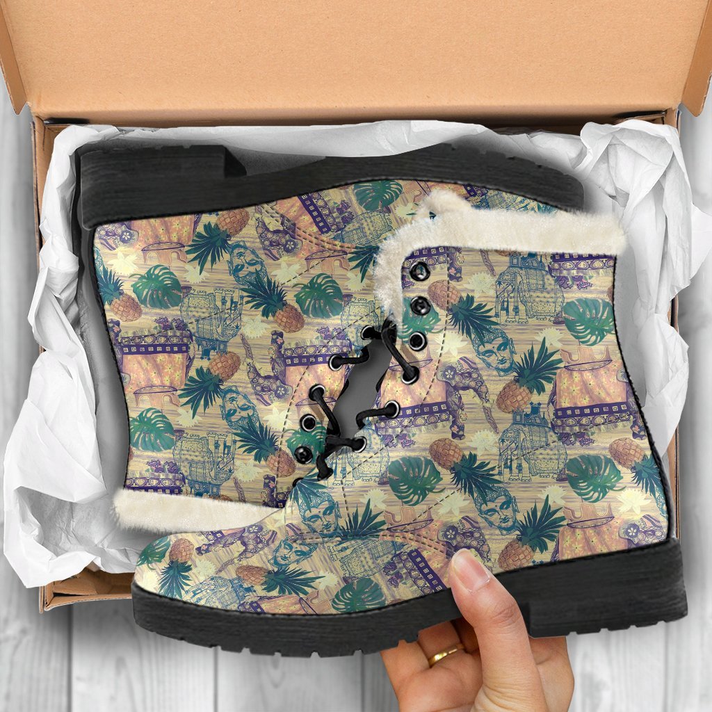 Tropical Pineapple Buddha Elephant Print Comfy Winter Boots-grizzshop