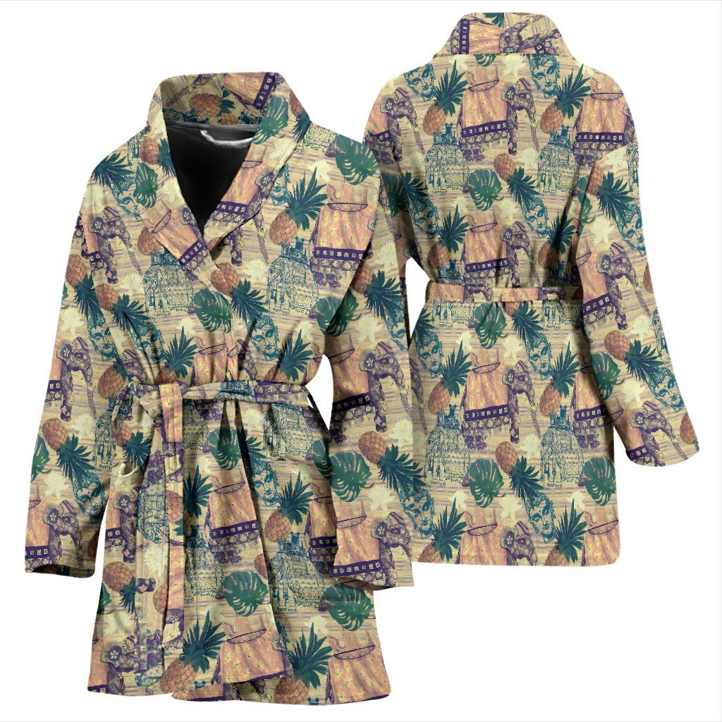 Tropical Pineapple Buddha Elephant Print Women Long Robe-grizzshop