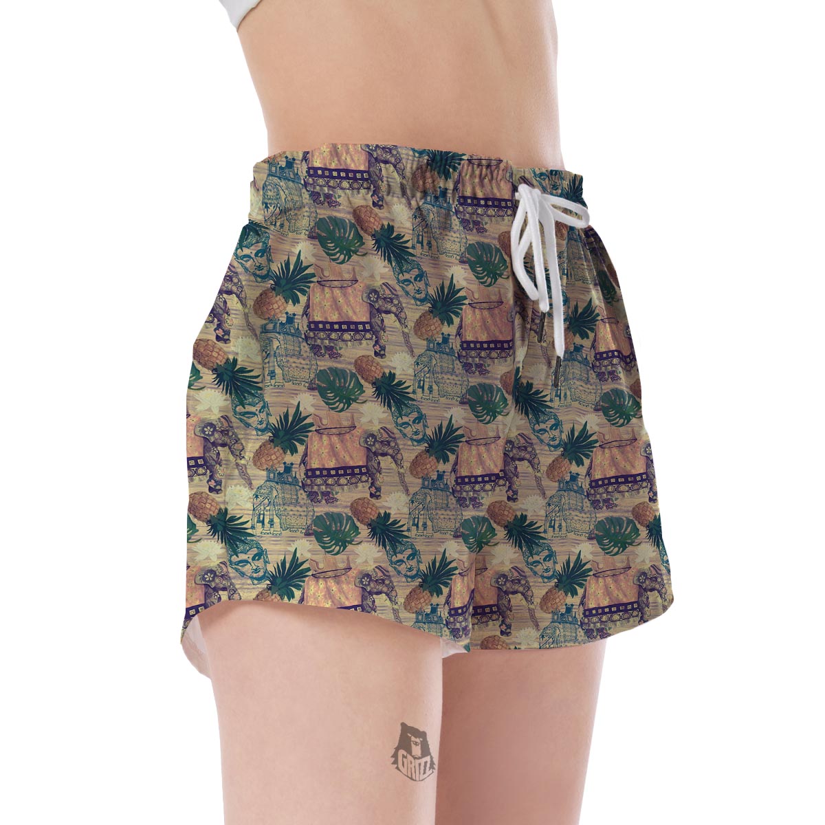 Tropical Pineapple Buddha Elephant Print Women's Shorts-grizzshop