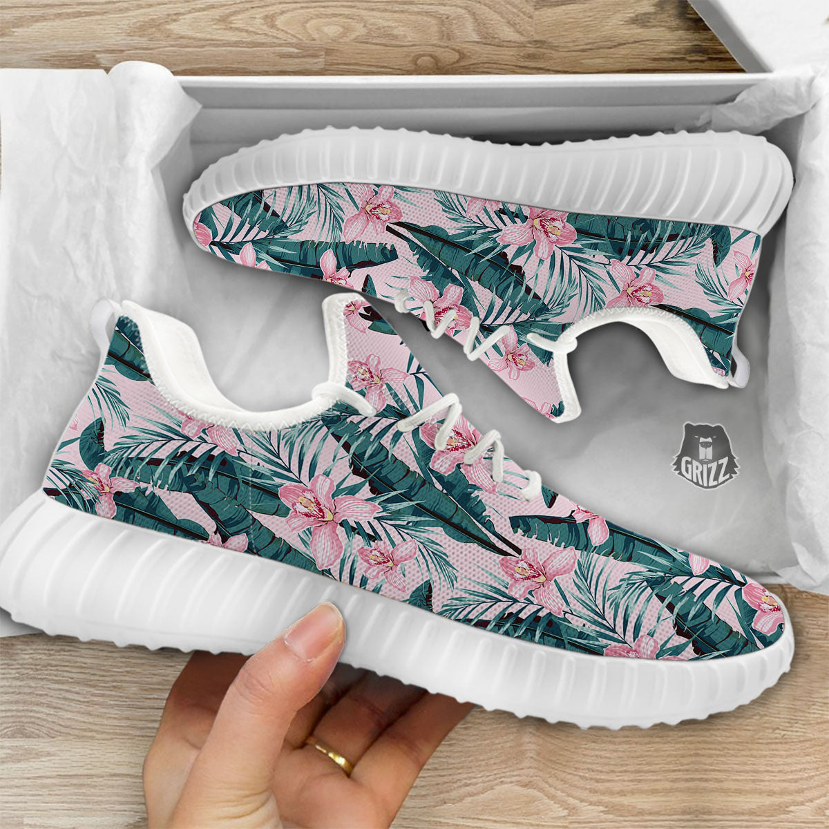 Tropical Pink Hawaiian Print Pattern White Walking Shoes-grizzshop