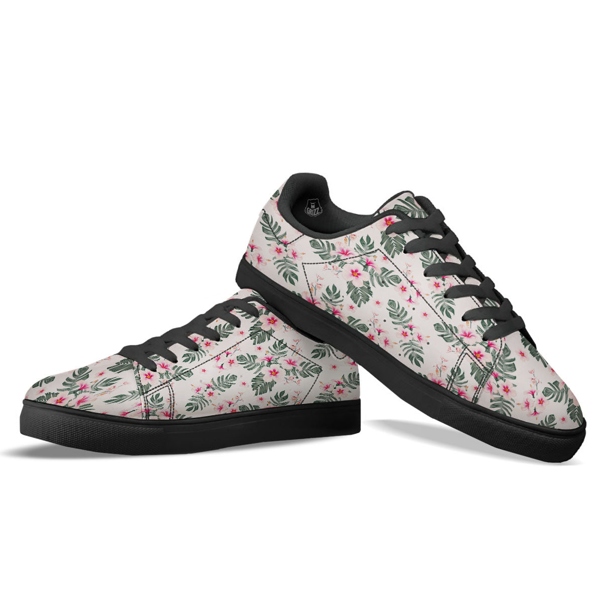 Tropical Pink Hibiscus Print Pattern Black Low Top Sneakers-grizzshop