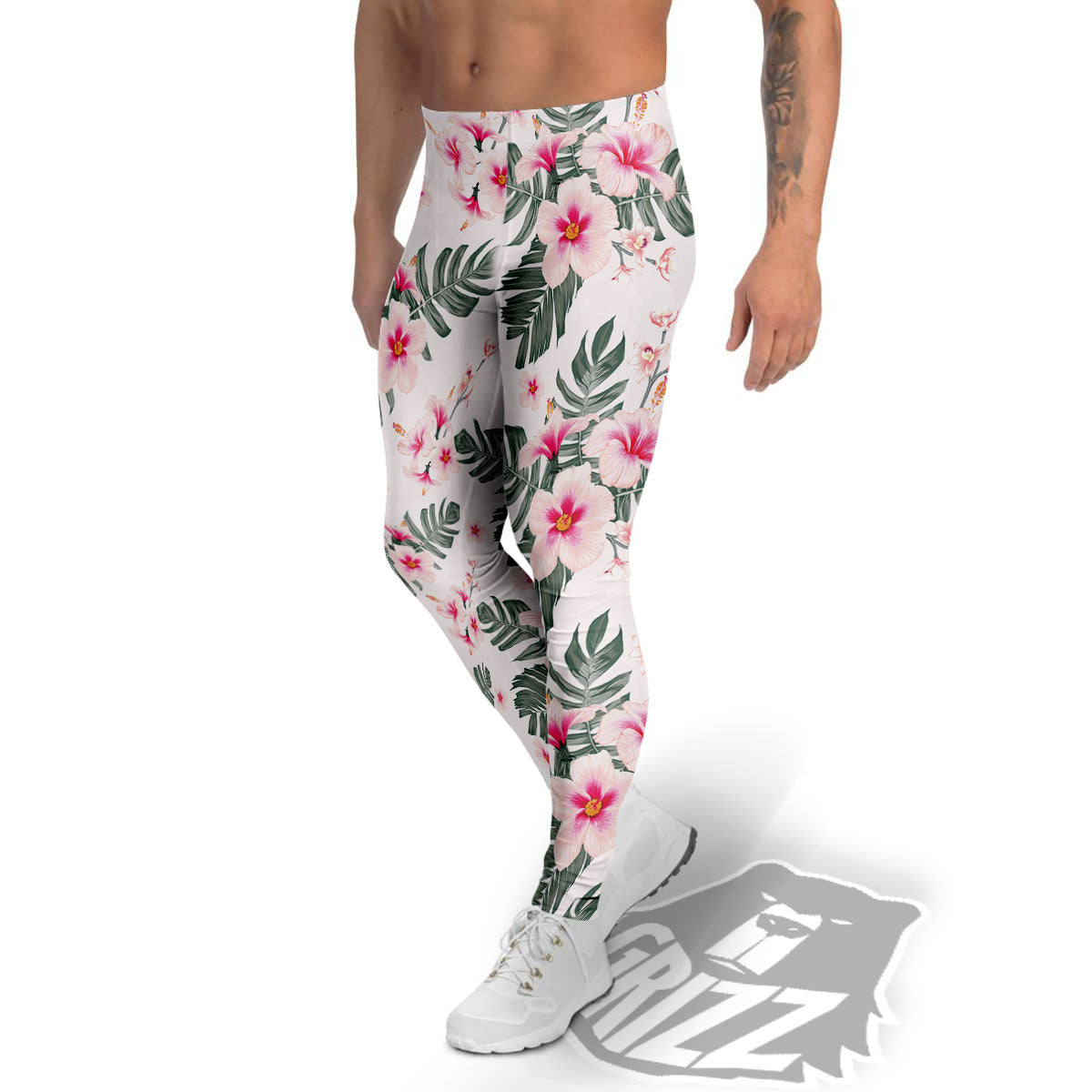 Tropical Pink Hibiscus Print Pattern Men's Leggings-grizzshop