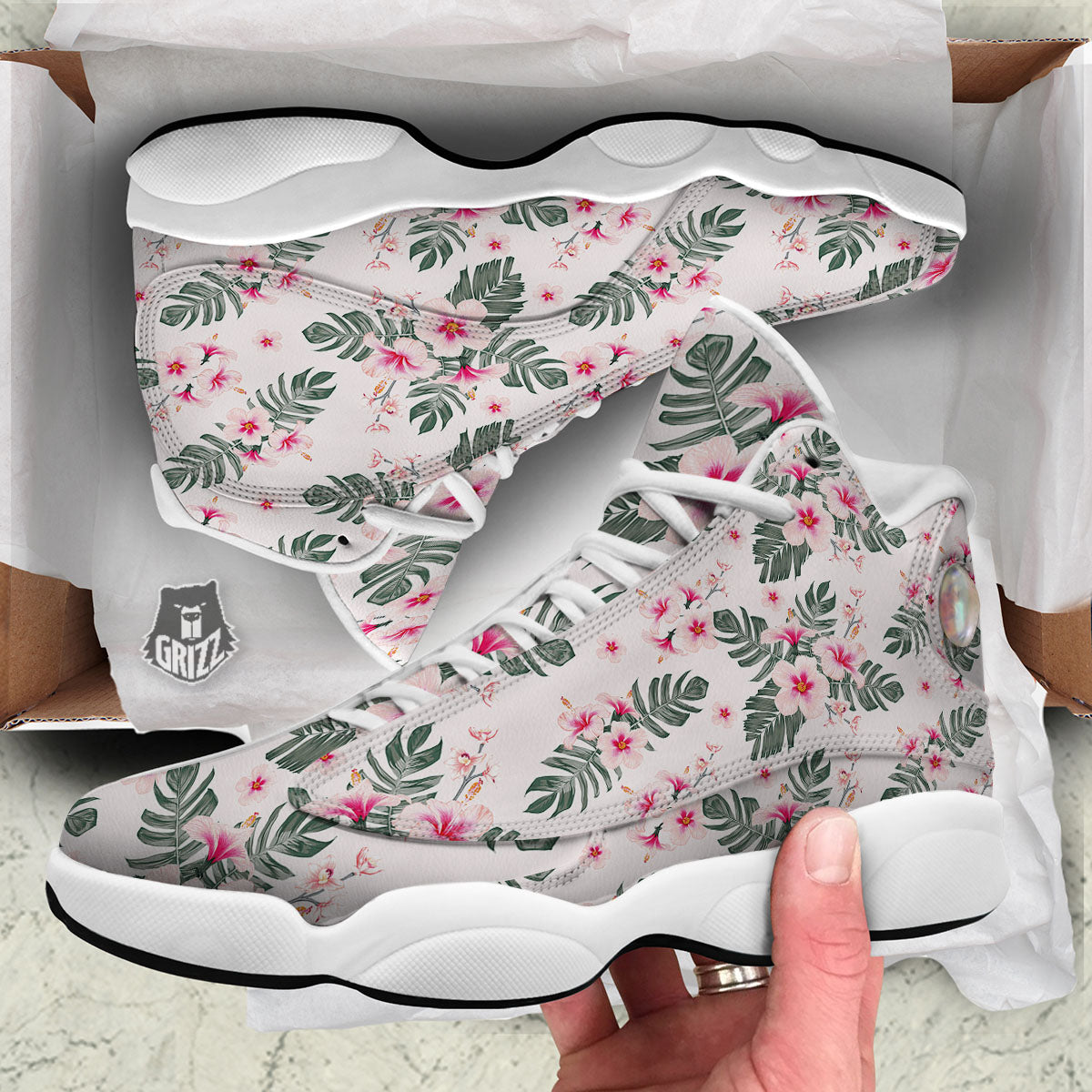 Tropical Pink Hibiscus Print Pattern White Basketball Shoes-grizzshop