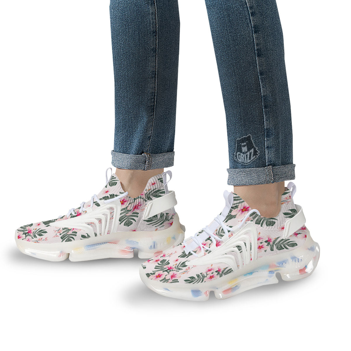 Tropical Pink Hibiscus Print Pattern White Gym Shoes-grizzshop