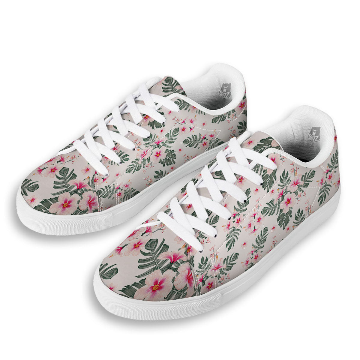 Tropical Pink Hibiscus Print Pattern White Low Top Sneakers-grizzshop