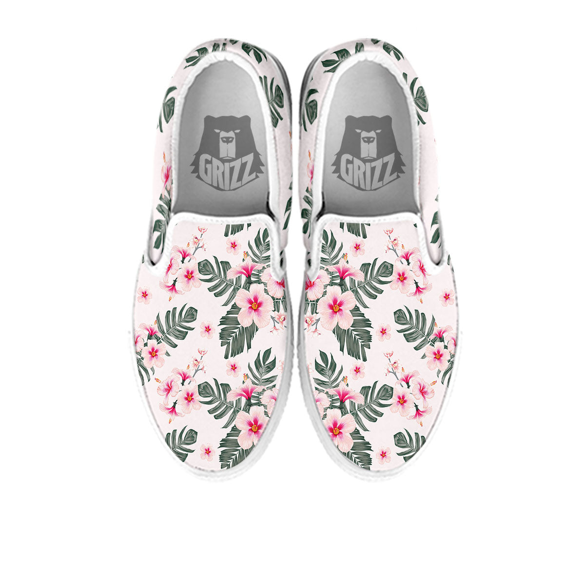 Tropical Pink Hibiscus Print Pattern White Slip On Shoes-grizzshop