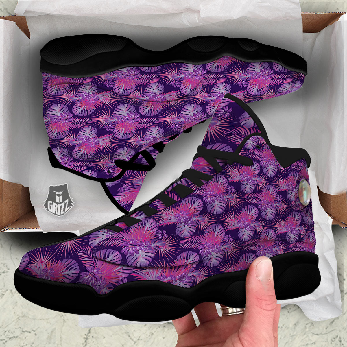Tropical Purple Print Pattern Black Basketball Shoes-grizzshop