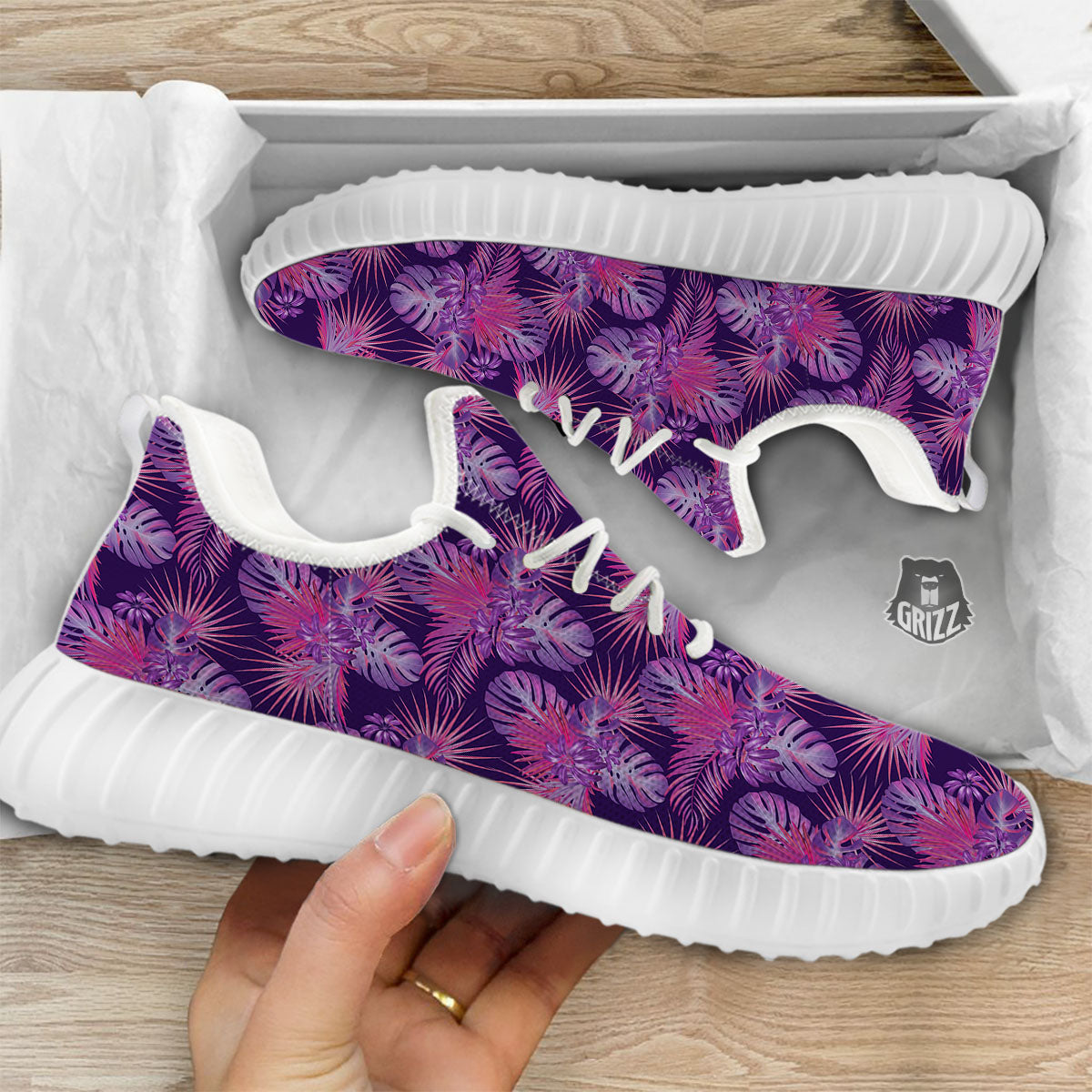 Tropical Purple Print Pattern White Walking Shoes-grizzshop
