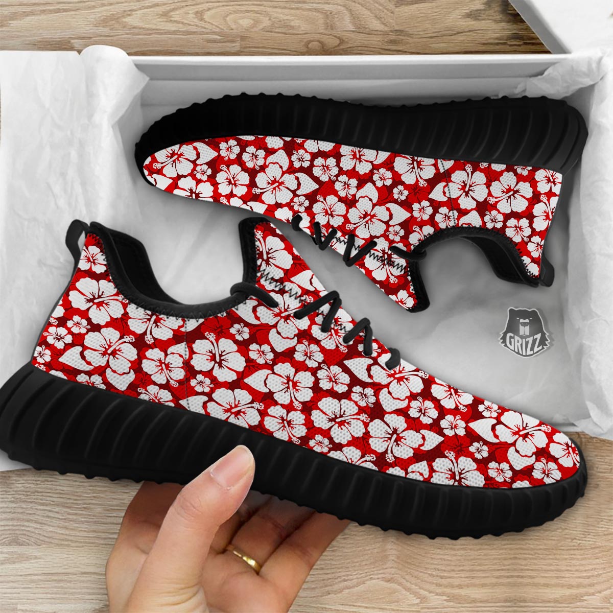 Tropical Red Hawaiian Print Pattern Black Walking Shoes-grizzshop