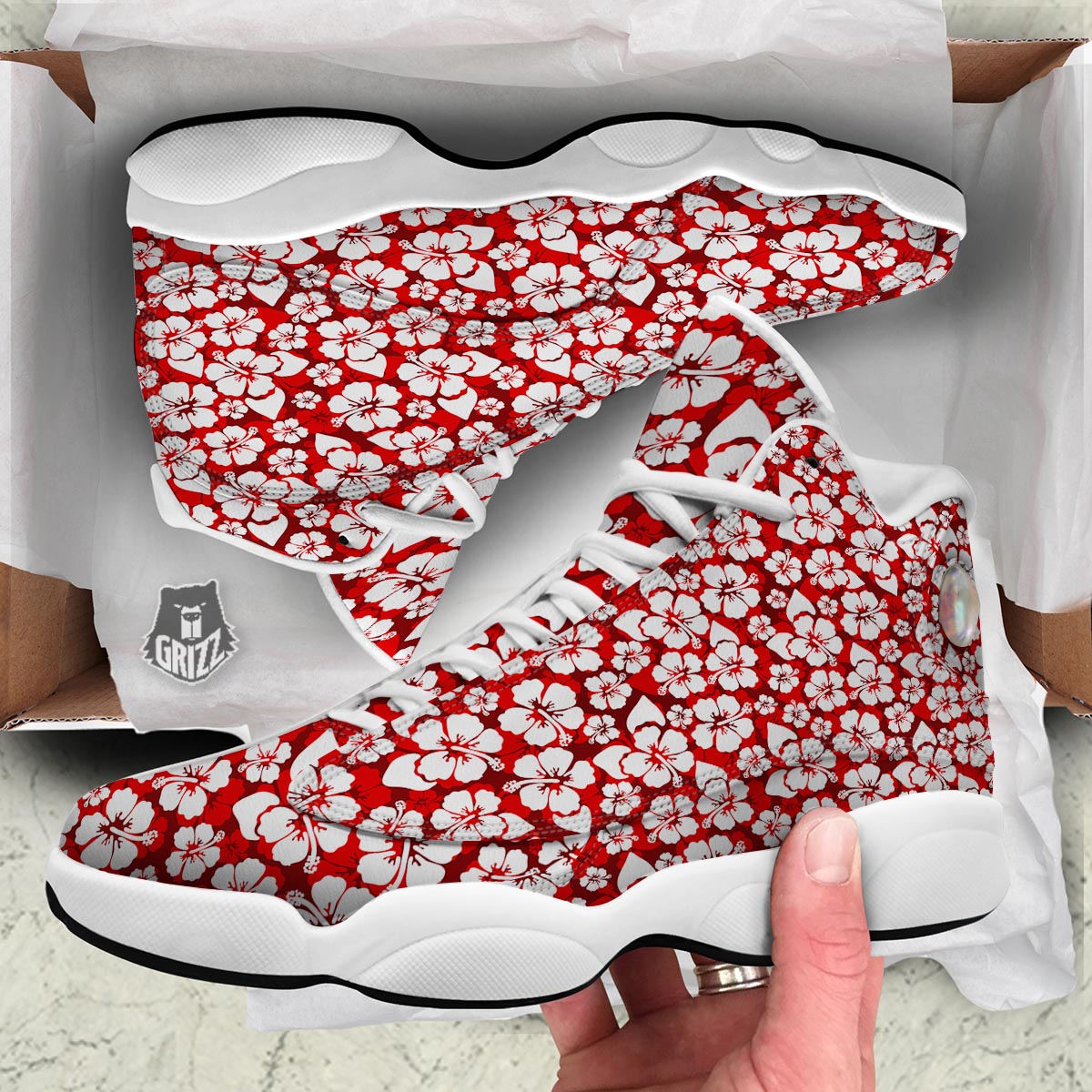Tropical Red Hawaiian Print Pattern White Basketball Shoes-grizzshop