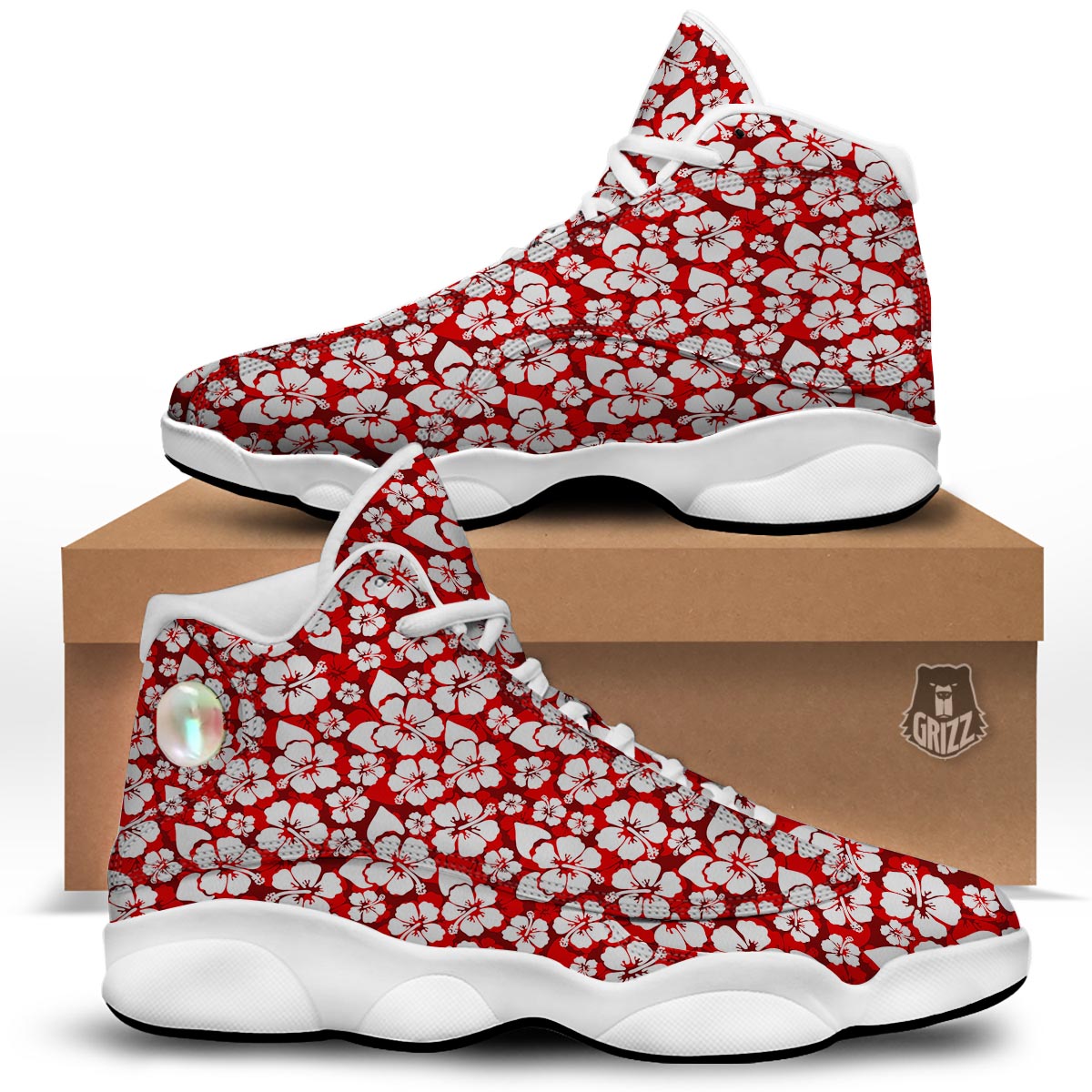 Tropical Red Hawaiian Print Pattern White Basketball Shoes-grizzshop