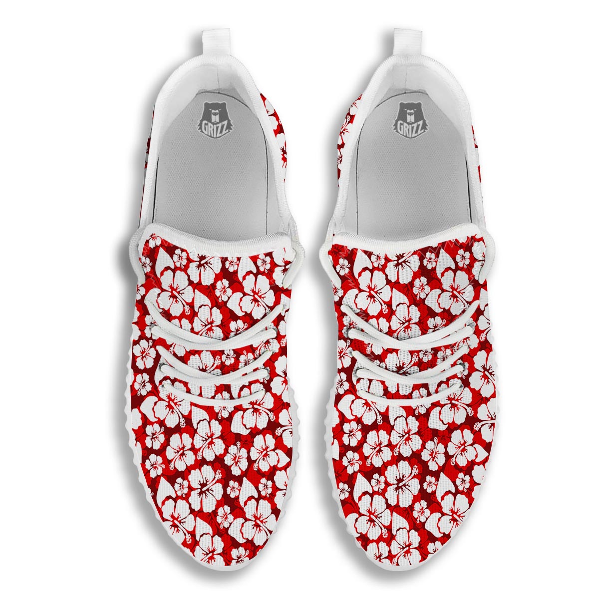 Tropical Red Hawaiian Print Pattern White Walking Shoes-grizzshop