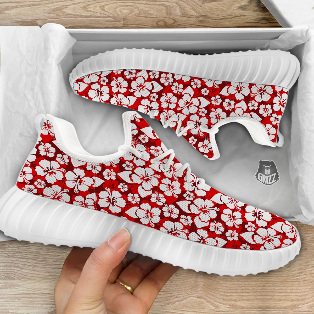 Tropical Red Hawaiian Print Pattern White Walking Shoes-grizzshop