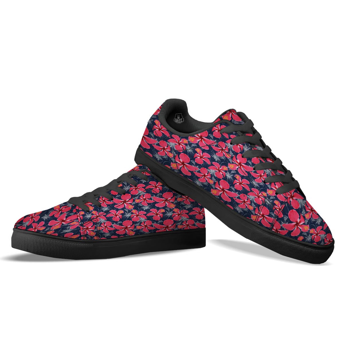 Tropical Red Hibiscus Print Pattern Black Low Top Sneakers-grizzshop