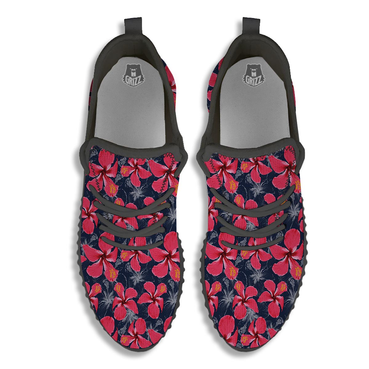 Tropical Red Hibiscus Print Pattern Black Walking Shoes-grizzshop