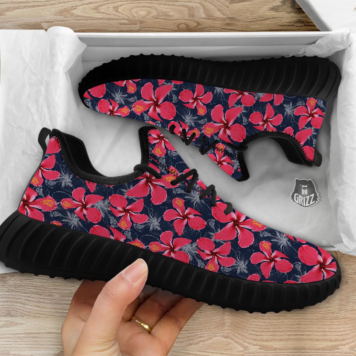 Tropical Red Hibiscus Print Pattern Black Walking Shoes-grizzshop