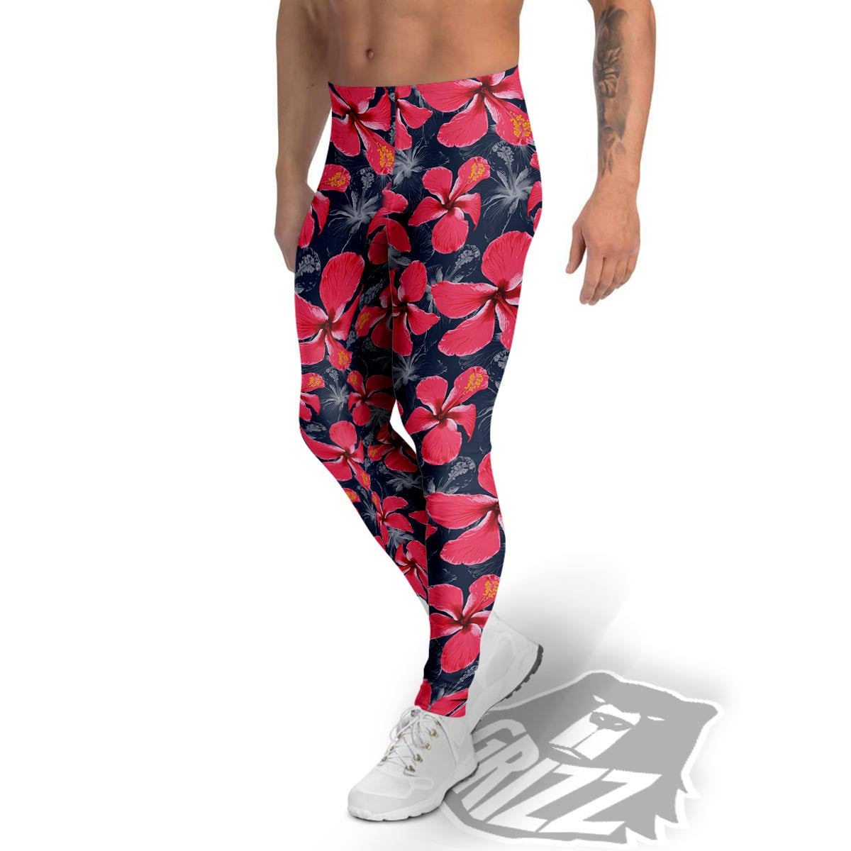 Tropical Red Hibiscus Print Pattern Men's Leggings-grizzshop