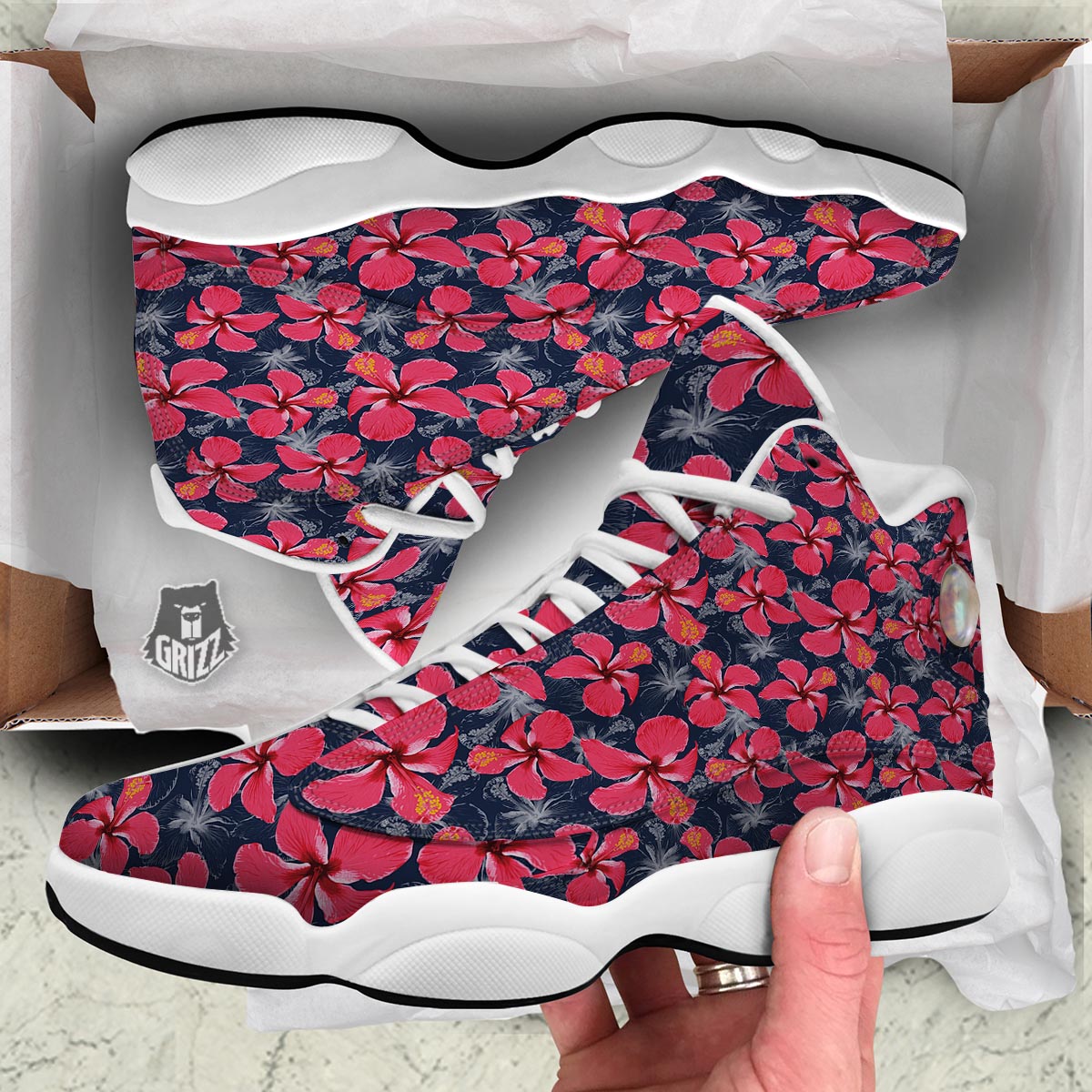 Tropical Red Hibiscus Print Pattern White Basketball Shoes-grizzshop