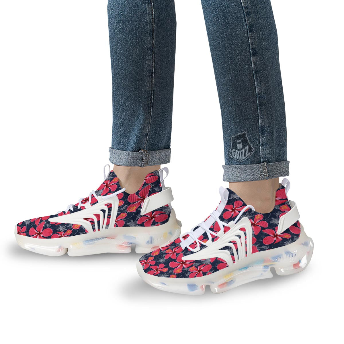 Tropical Red Hibiscus Print Pattern White Gym Shoes-grizzshop