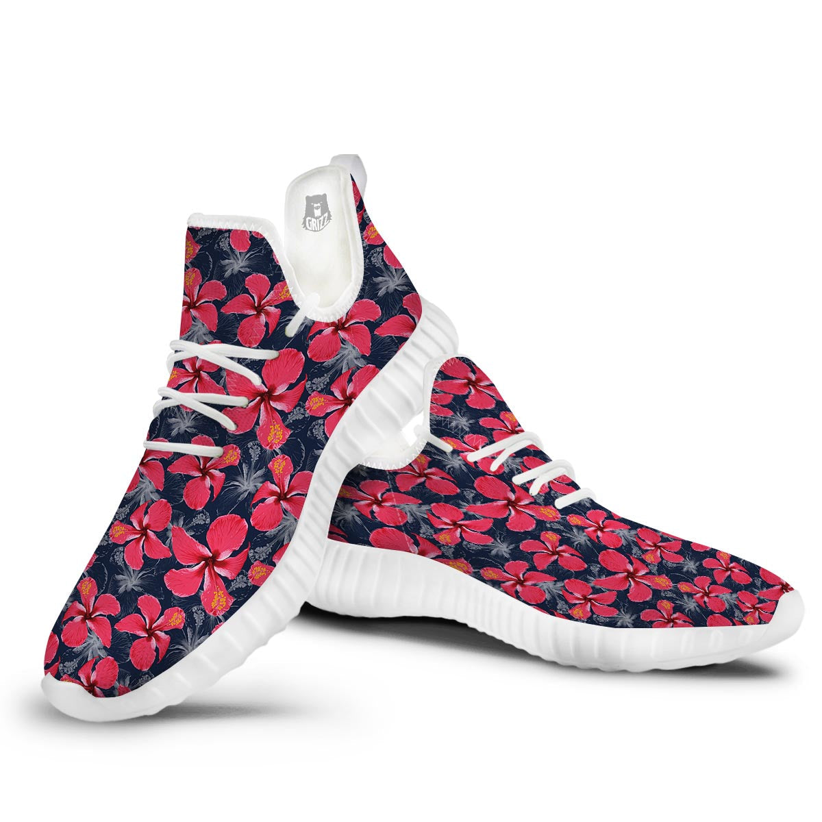 Tropical Red Hibiscus Print Pattern White Walking Shoes-grizzshop