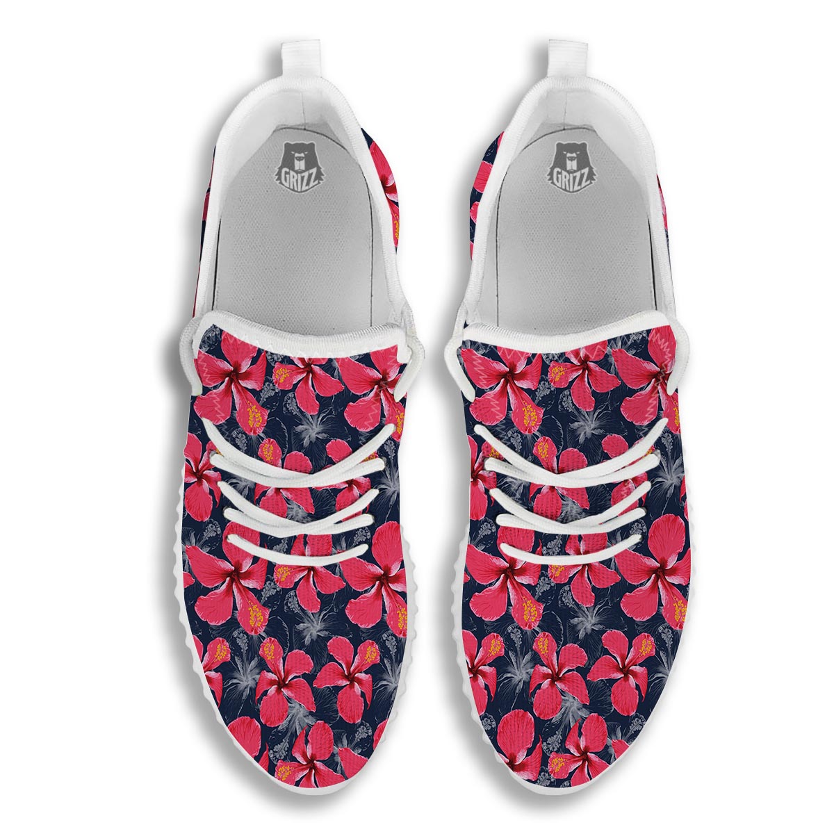 Tropical Red Hibiscus Print Pattern White Walking Shoes-grizzshop