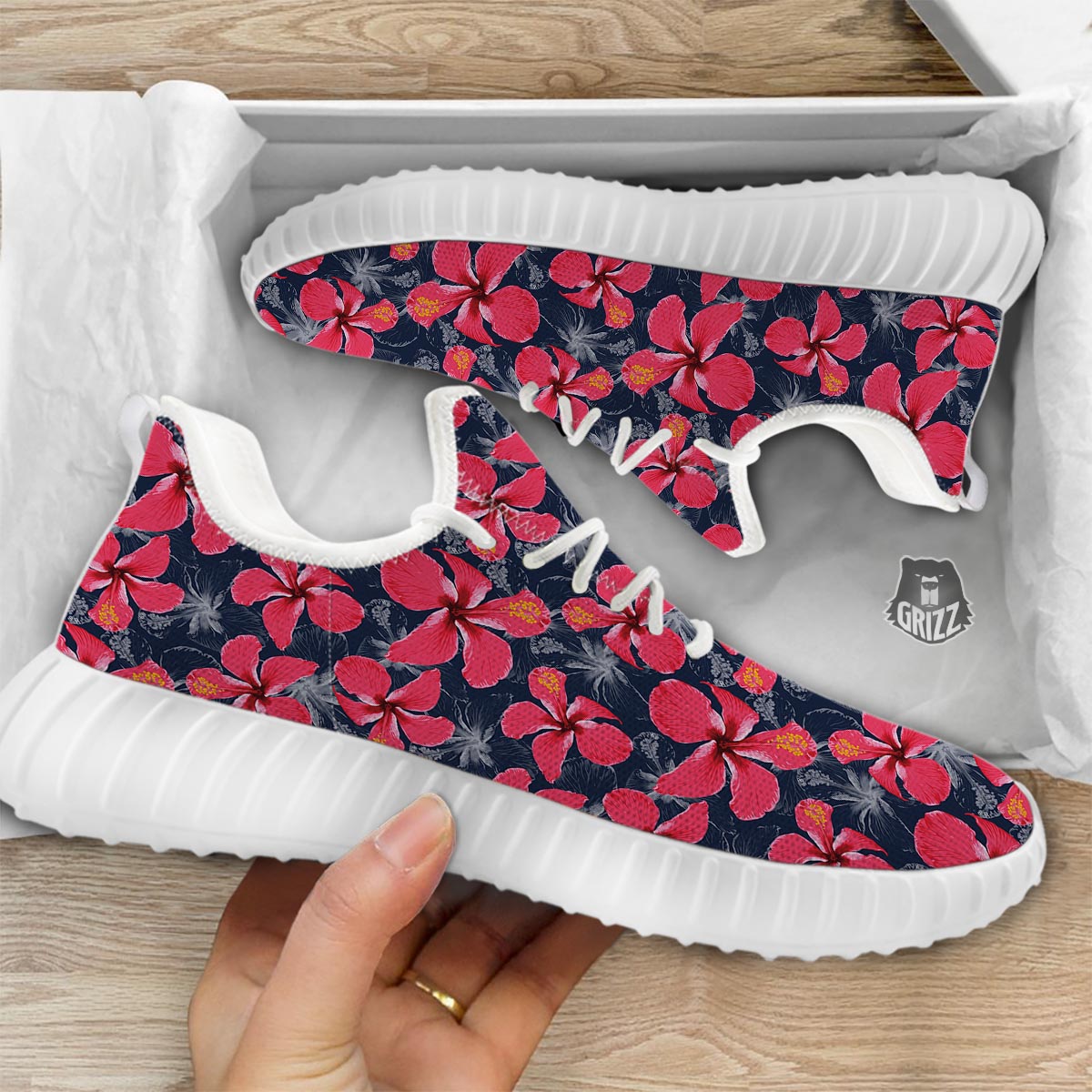 Tropical Red Hibiscus Print Pattern White Walking Shoes-grizzshop
