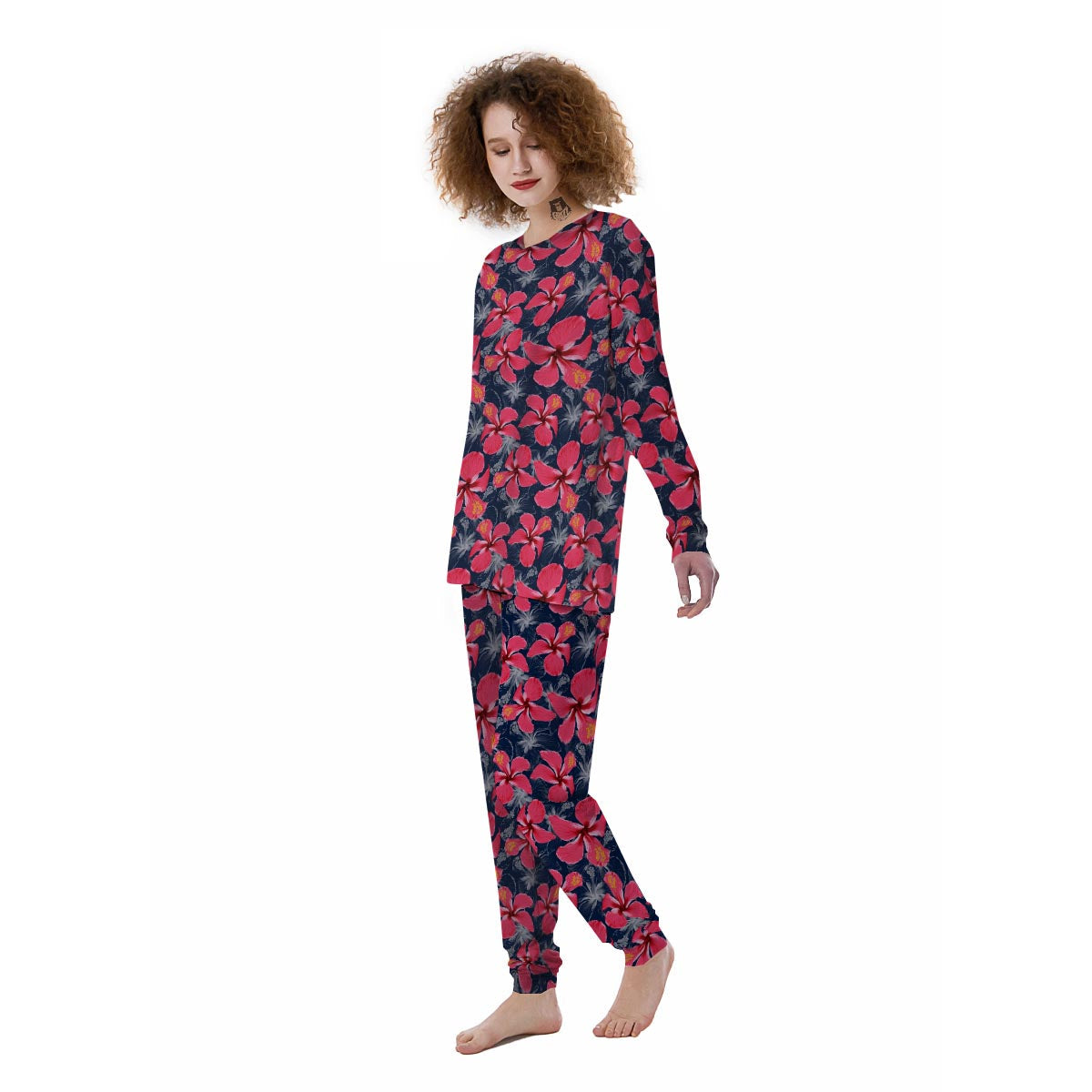 Tropical Red Hibiscus Print Pattern Women's Pajamas-grizzshop